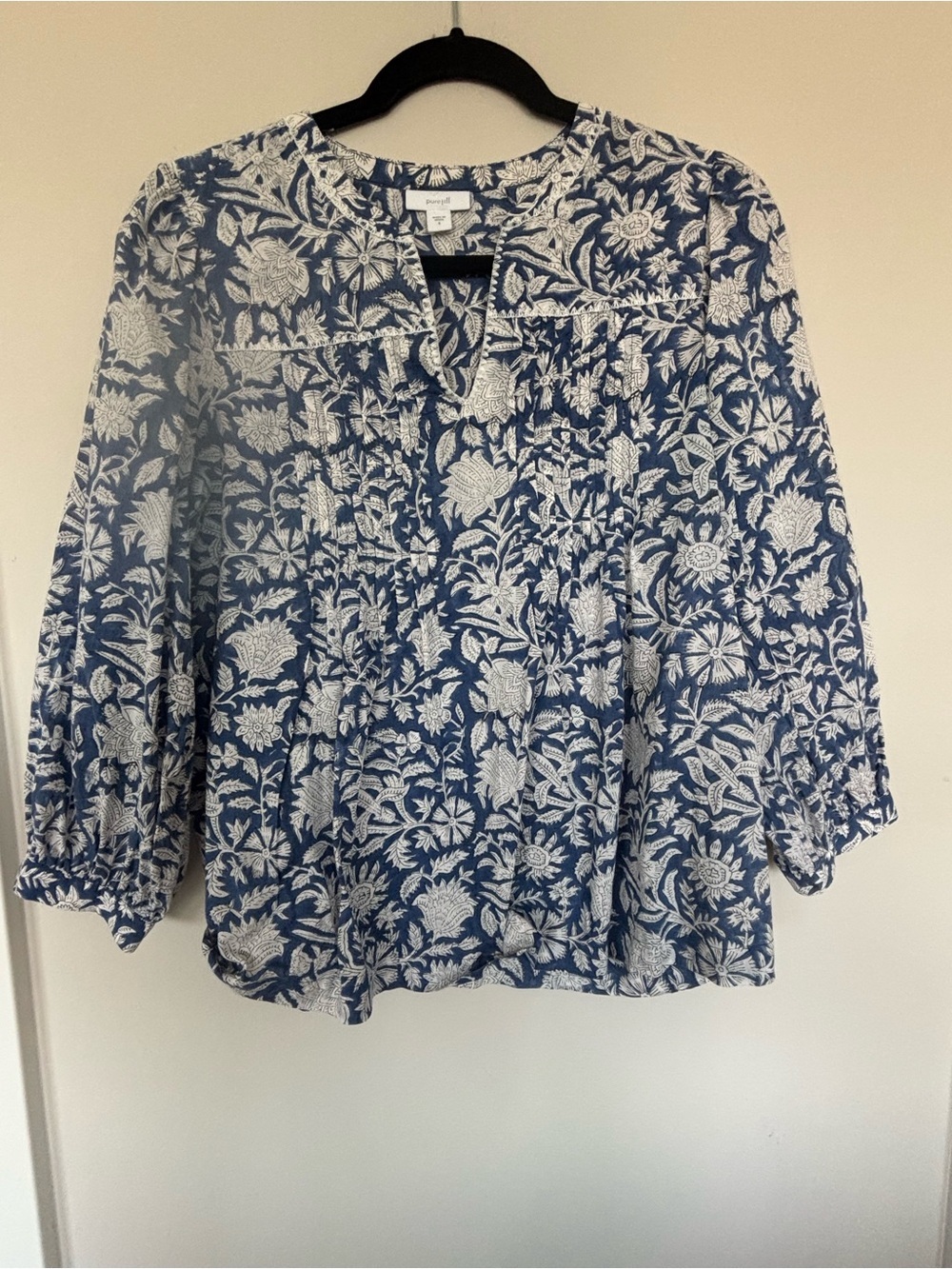 J. Jill Navy and White Floral Pintuck Blouse